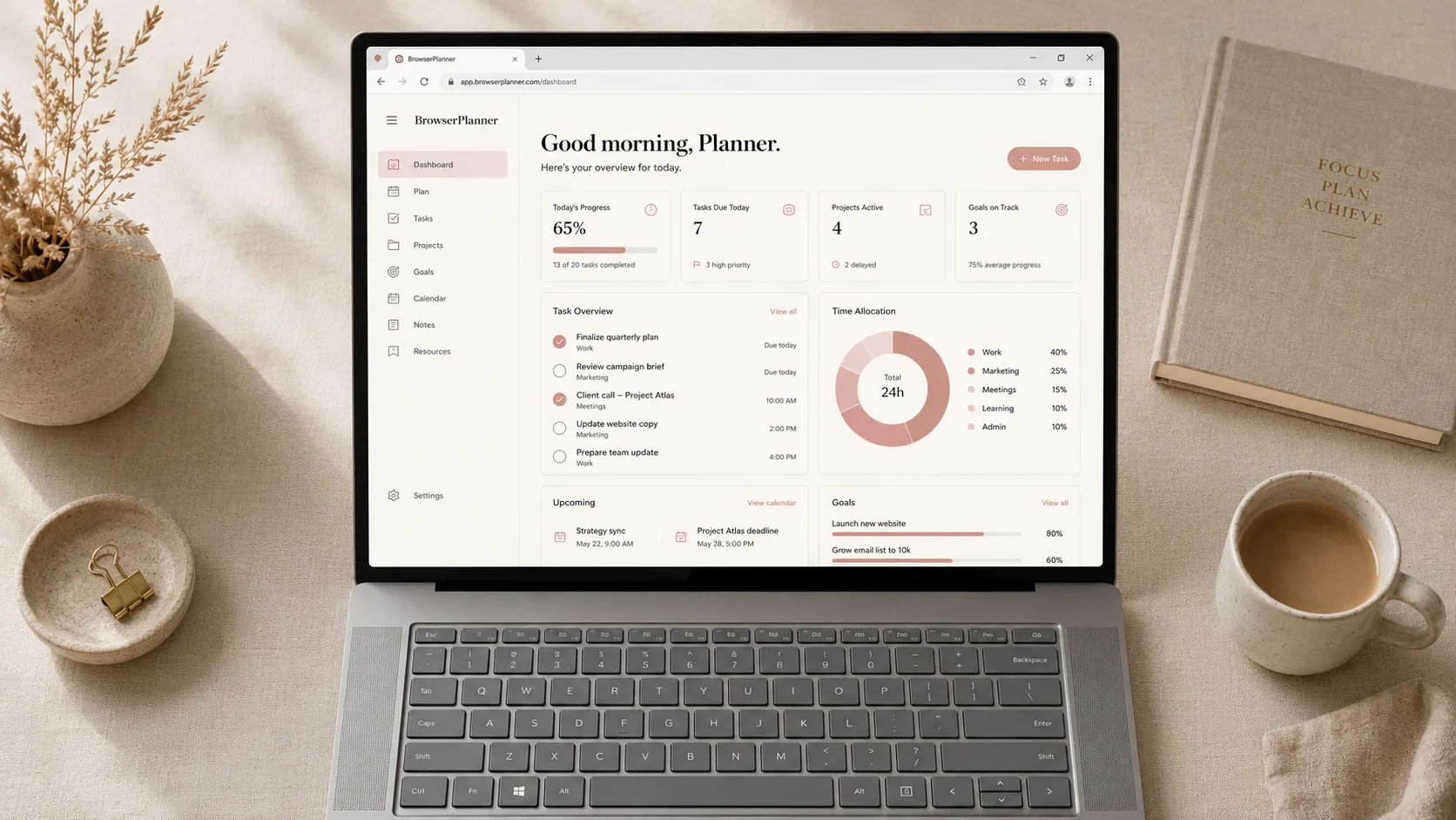 Browser-based digital planner dashboard open on a Windows laptop — budget ring chart and vendor list visible