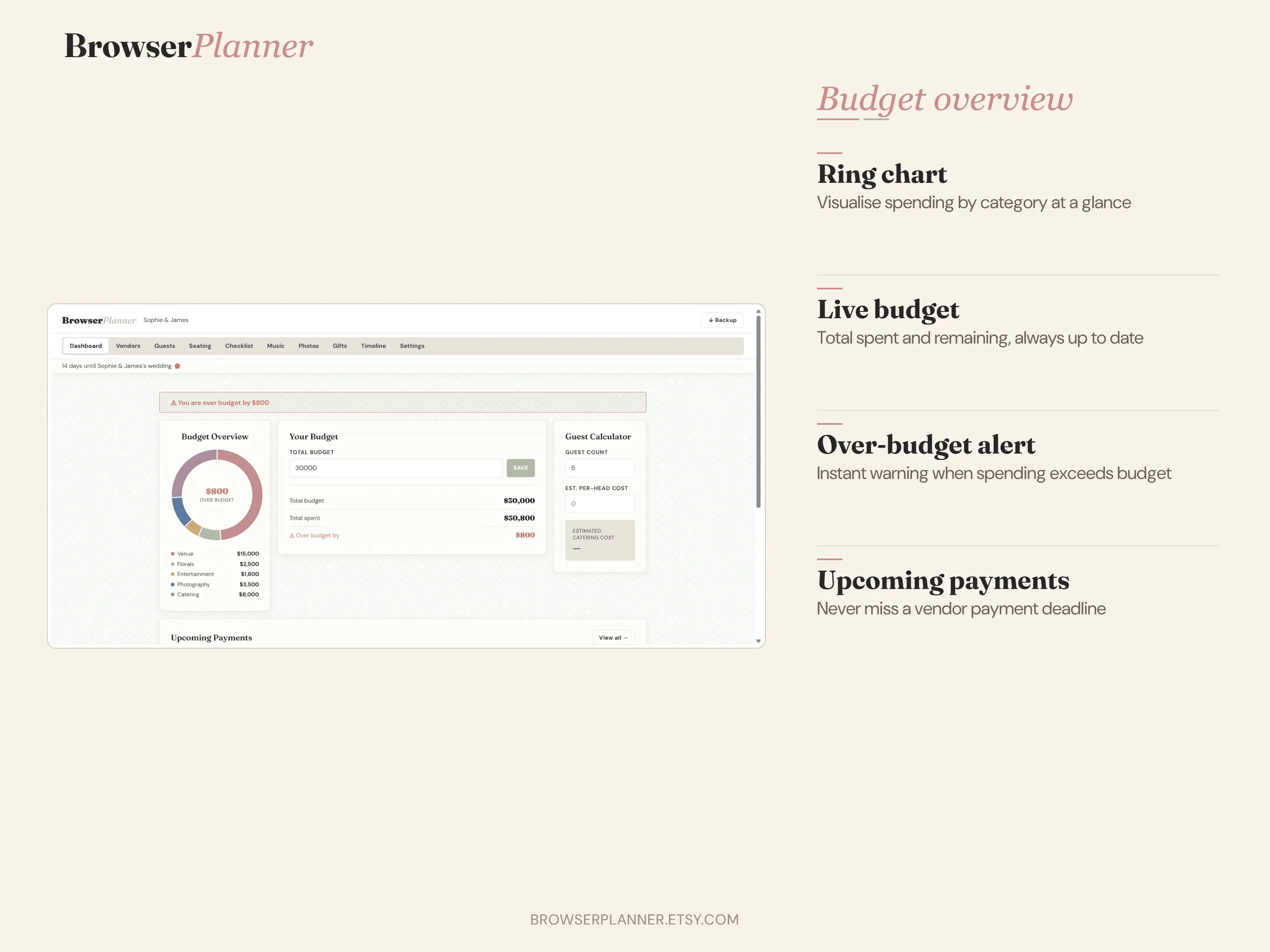 BrowserPlanner wedding budget dashboard — vendor tracker and budget ring chart