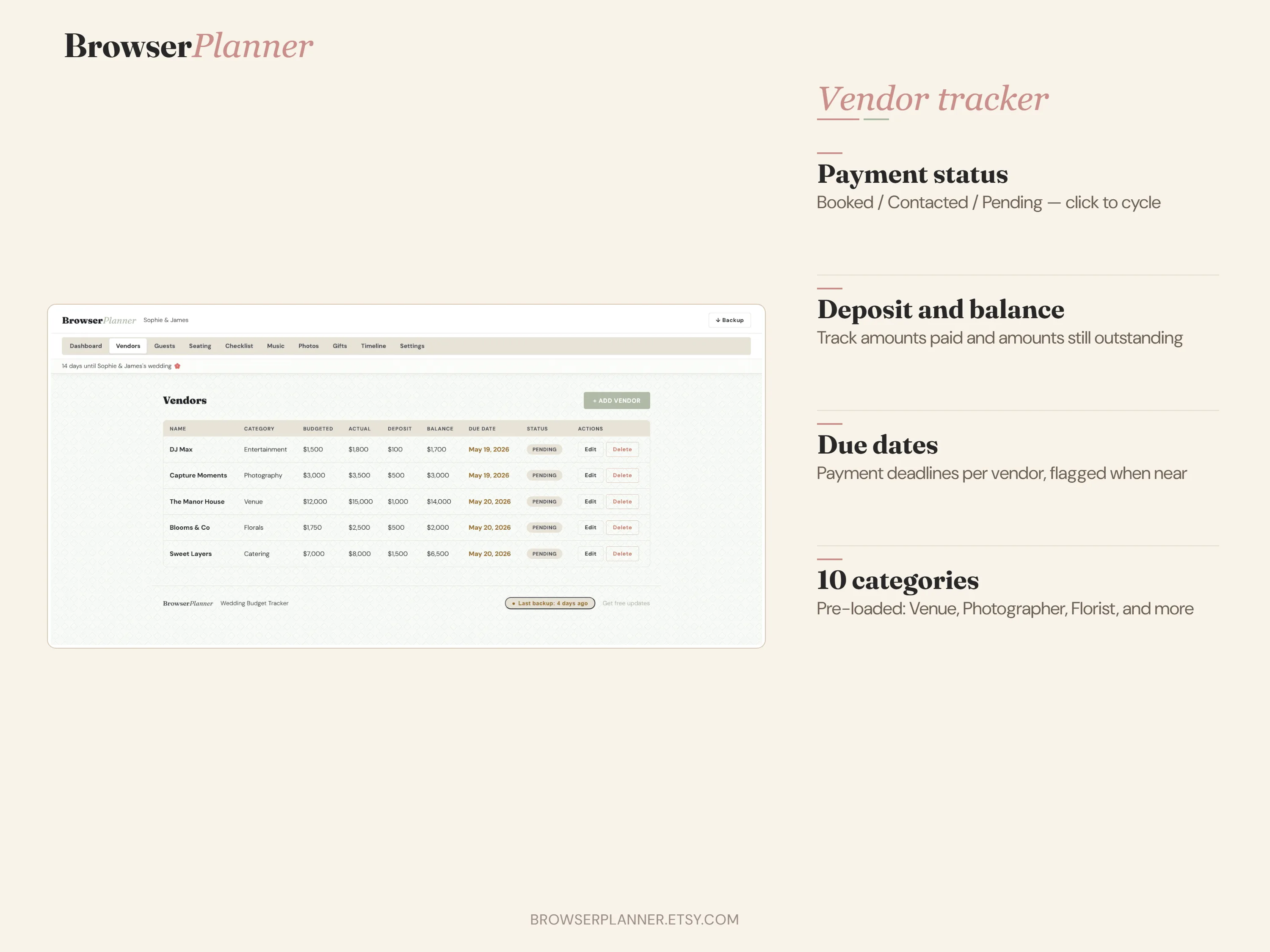 BrowserPlanner vendor tracker with payment status, due dates, deposits, and balance columns
