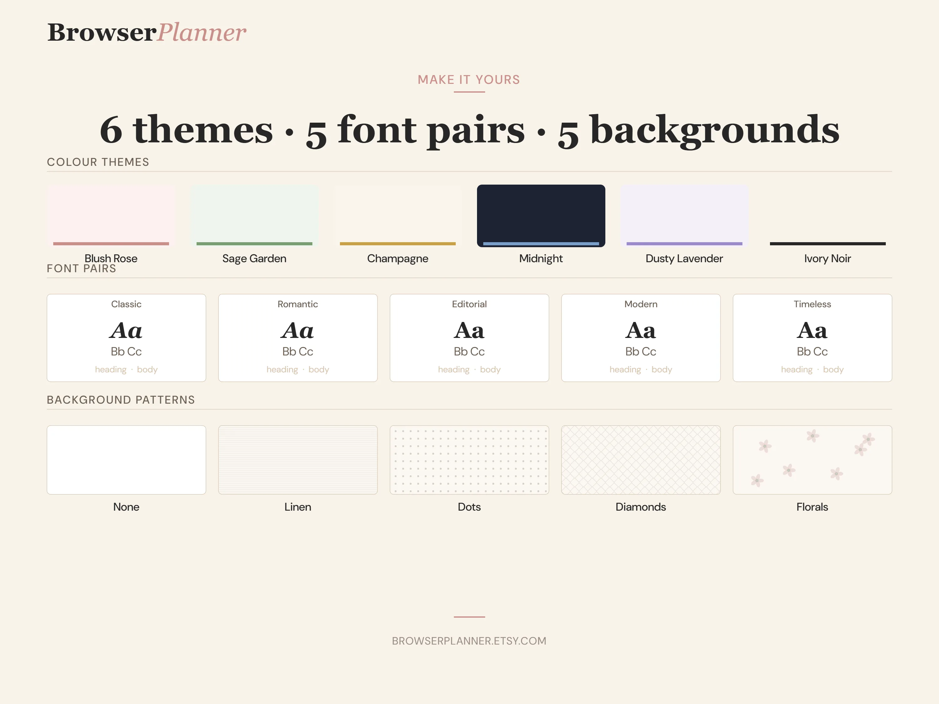 BrowserPlanner design system showing 6 colour themes, 5 font pairs, and 5 background patterns