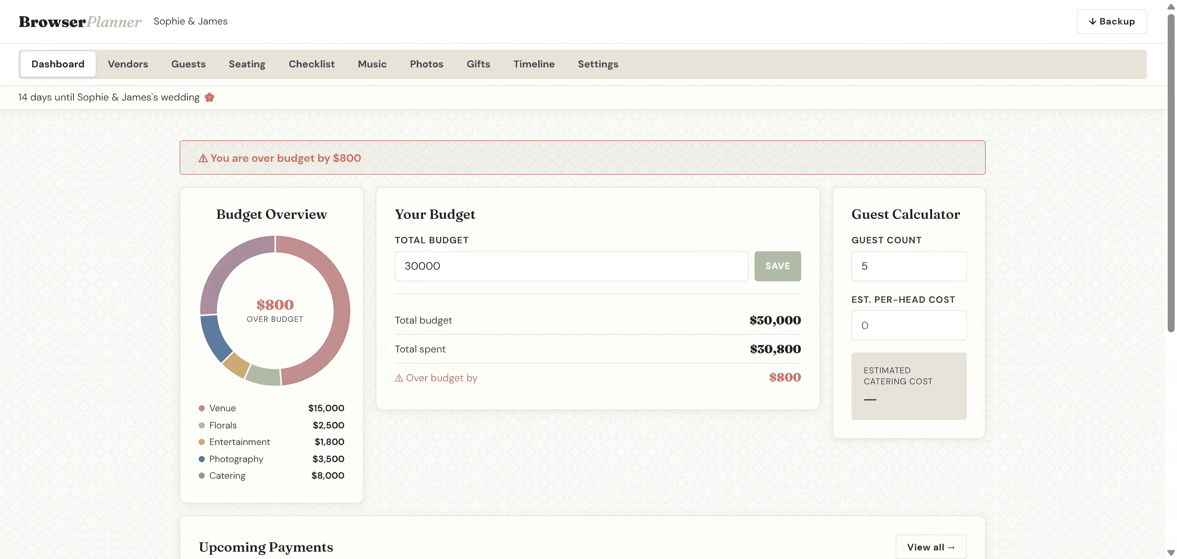 BrowserPlanner dashboard showing budget ring chart, vendor tracker, and 10 planning tabs